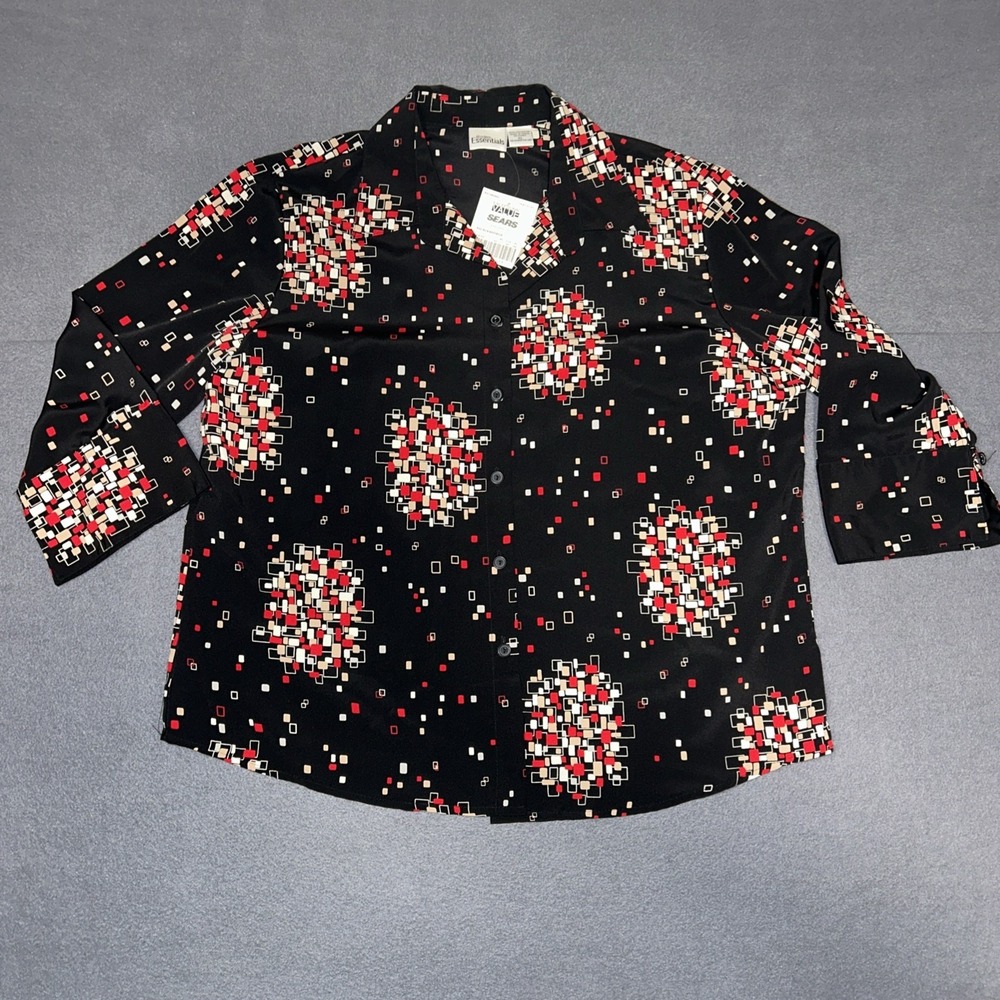 Vintage Sears Women's Black Collared Button-Up Blouse XL Short Sleeve